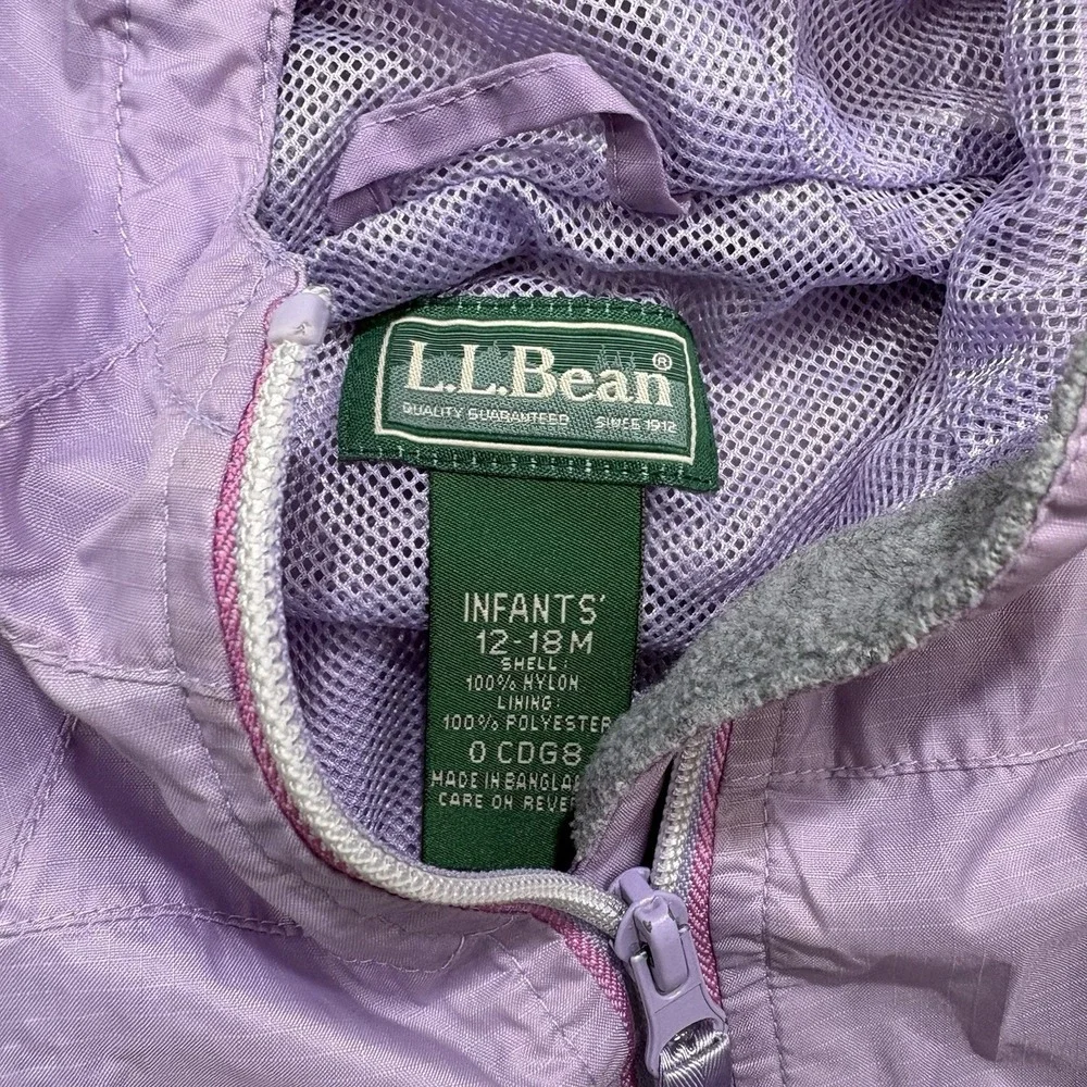 L.L.Bean Toddler Girls Rain Jacket Purple Hooded Full Zip Lightweight 12-18M